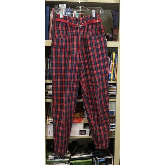 Plaid Y2K Punk Tapered Zip Fly Club Sportif De Paris Size 9 Red Belt 90s Black - Picture 1 of 6